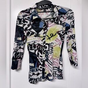 Bebe Vintage Y2K Multicolor Graffiti Mesh  Quarter Sleeve Too Button Up